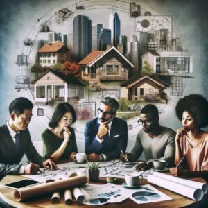 Reunião com 5 pessoas e varias construções atrás.